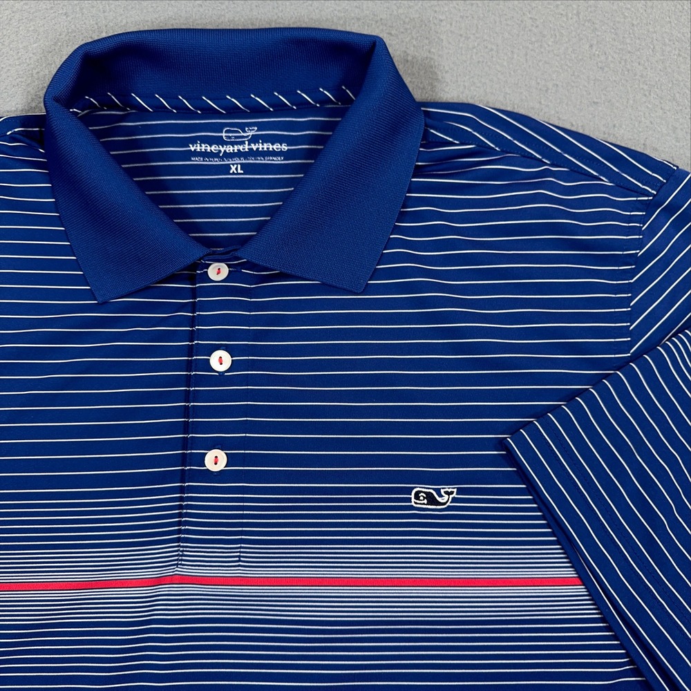 Vineyard Vines Mens XL Navy Blue Striped Performance Short Sleeve Golf Polo
